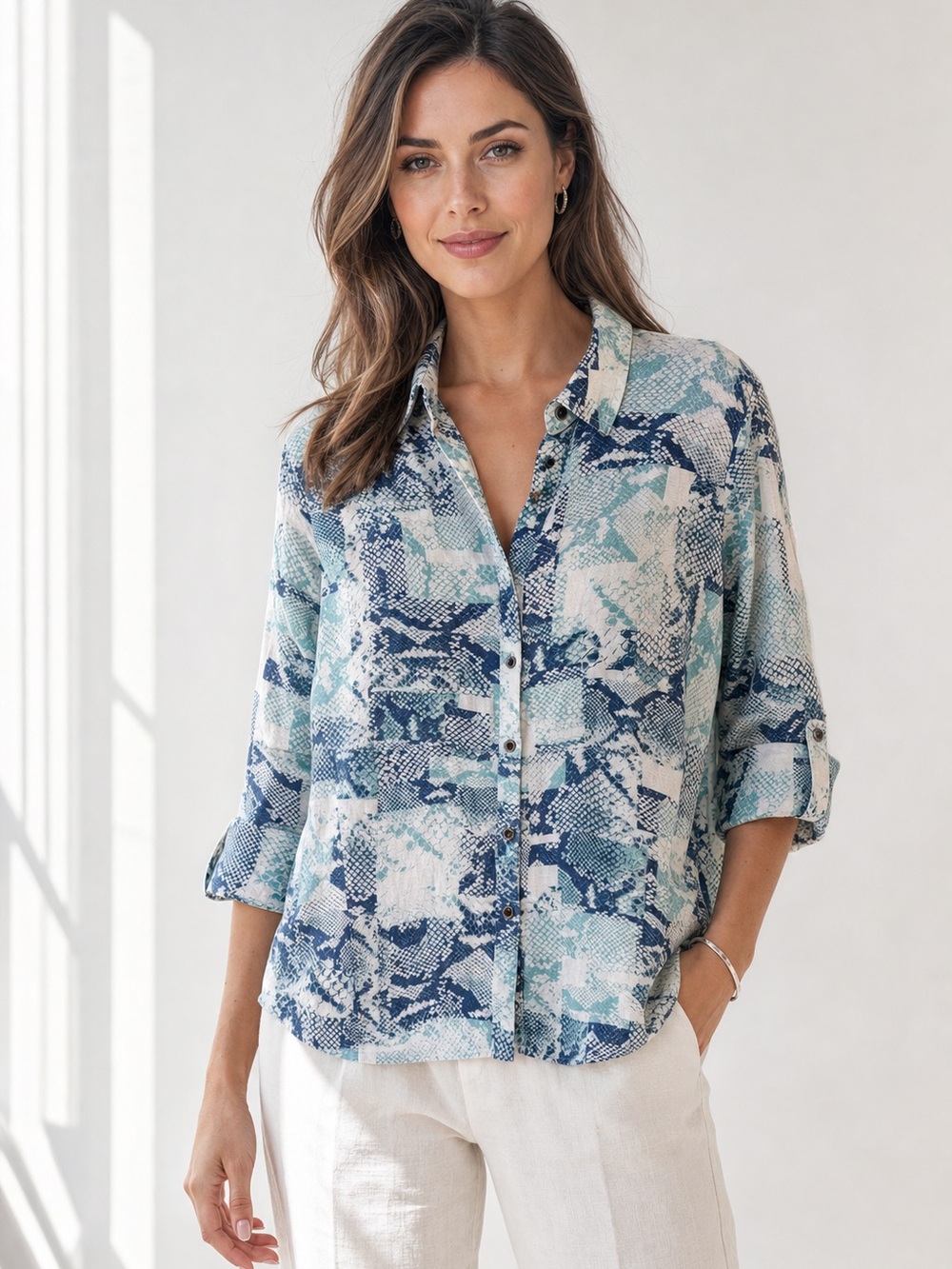 Women’s Blouse JM Collection | Snakeskin Print | 55% Linen | Size M